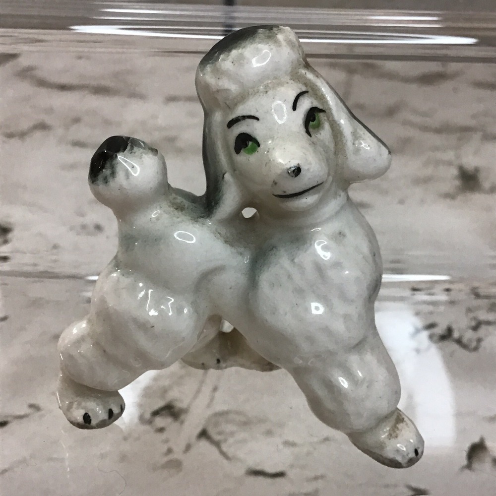 Vintage Porcelain Poodle Figurine White Puppy Dog Green Eyes Approx 2" Tall